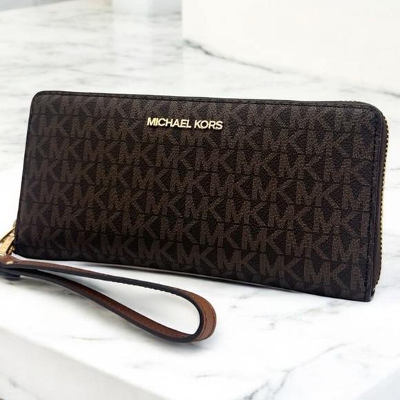 Michael Kors Large Continental Wallet Wristlet Brown Signature - Picture 1 of 8